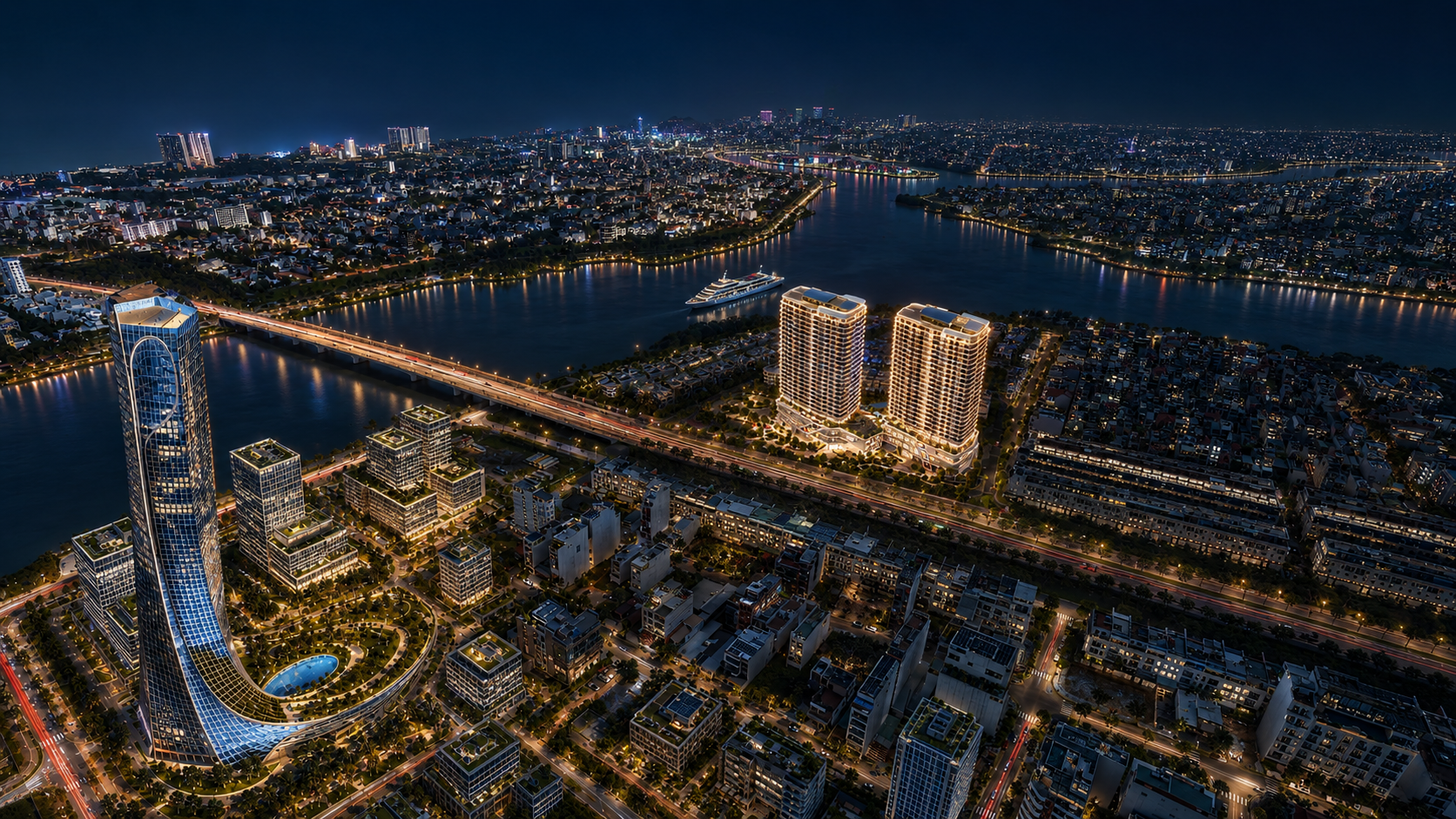 Toàn cảnh The Meridian Đà Nẵng về đêm bên dòng sông Hàn